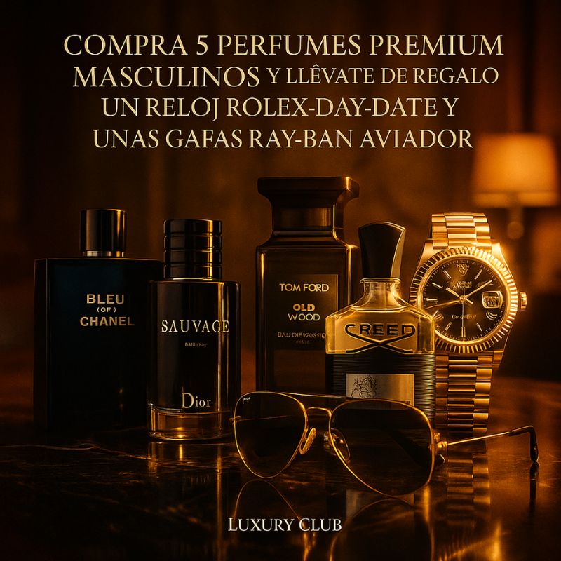 COMPRA 5 PERFUMES PREMIUM MASCULINOS Y LLÉVATE DE REGALO UN RELOJ ROLEX DAY-DATE Y UNAS GAFAS RAY-BAN AVIADOR - PRÉ BLACK FRIDAY - CIERRE DE LA TIENDA